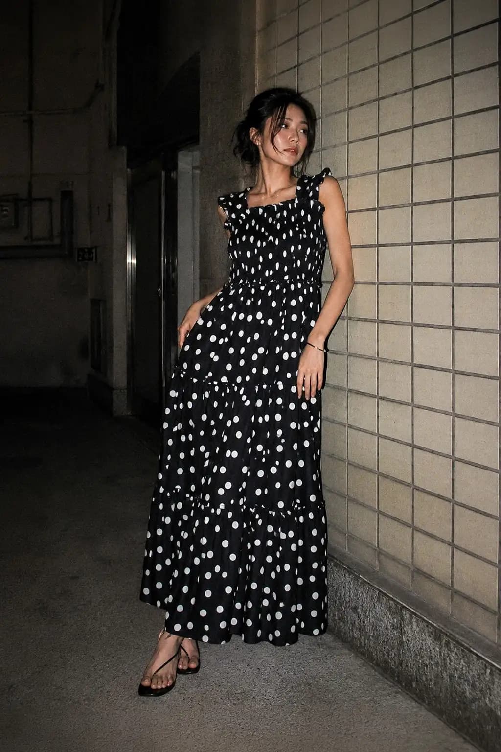 Black Polka Dot Tiered Maxi Dress
