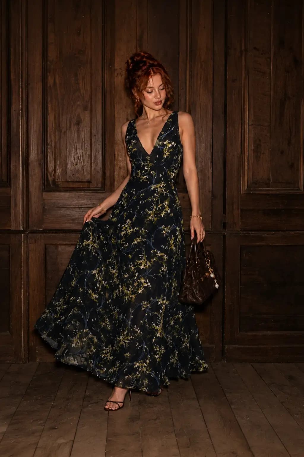 Navy Floral V-Neck Maxi Dress